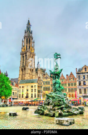 The Cathedral of Our Lady and the Silvius Brabo Fountain on the Grote Markt Square in Antwerp, Belgium Stock Photo