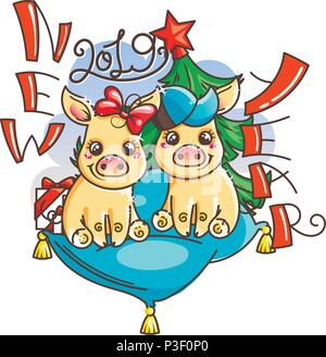 Happy New 2019 Year card with cartoon golden baby pigs. Small vector symbols of holiday. Stock Vector