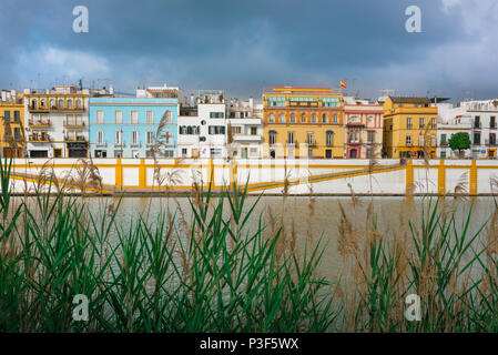 Andalucia river, view of houses and apartments in the Triana barrio quarter of Seville - Sevilla - alongside the Rio Guadalquivir in Andalucia, Spain. Stock Photo