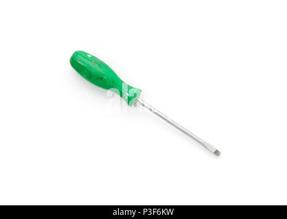 slot screwdriver with green handle, isolated on white Stock Photo