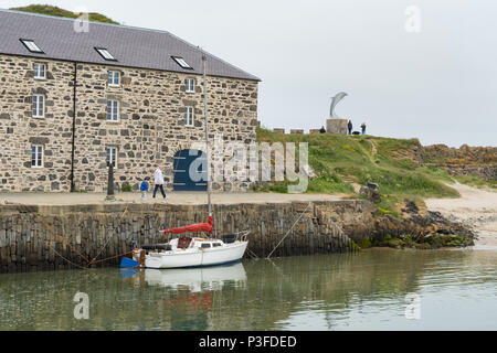 Portsoy old harbour and bottlenosed dolphin sculpture, Moray, Scotland, UK Stock Photo