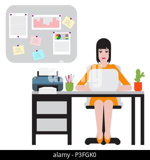 Woman sitting at table and working on laptop. Workspace. Stock Vector