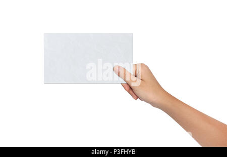 Hand of Female Holding a Blank paper Stock Photo