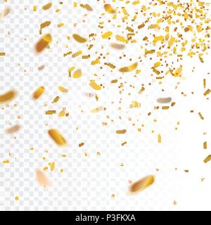 Stock vector illustration realistic golden confetti, glitters Isolated on a transparent checkered background. Festive background. Holiday decorative tinsel element for design. EPS 10 Stock Vector