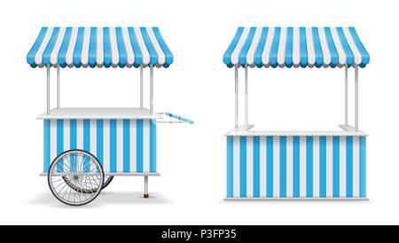 Realistic set of street food kiosk and cart with wheels. Mobile blue market stall template. Farmer kiosk shop mockup. Vector illustration Stock Vector
