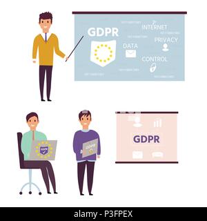 European General Data Protection Regulation. GDPR concept with character. General rules and ideas of protection and control personal data. Vector illu Stock Vector