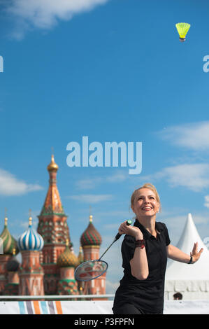 MOSCOW, RUSSIA - MAY 30, 2013: Girl playing badminton on Red Square. Stock Photo