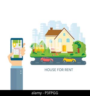 Banner for sales, hand holding phone with advertising house, cottage with trees. Offer of home purchase. Rental of Real Estate. Vector flat design, ur Stock Vector