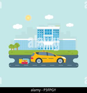 Banner with the machine yellow cab in the city. Public taxi service concept. Cityscape, hotel  on the background. Flat vector illustration. Stock Vector