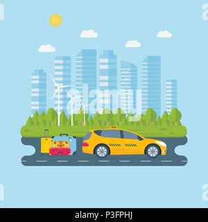 Banner with the machine yellow cab in the city. Public taxi service concept. Cityscape, baggage on the background. Flat vector illustration. Stock Vector