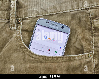 MONTREAL, CANADA - JUNE 2, 2018: Google search on mobile phone. Google Search is a web search engine developed by Google. Stock Photo