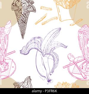 Snacks and desserts retro style seamless pattern: milk shake, ice cream, banana, french fries. Line art, outline, chocolate, pink, orange, beige, purple. Hand drawn sketchy vector illustration. Stock Vector