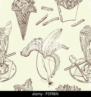Snacks and desserts vintage seamless pattern: milk shake, ice cream, banana, french fries. Chocolate brown, beige. Hand drawn sketchy vector illustration. Cafe, coffee shop design, textile print. Stock Vector