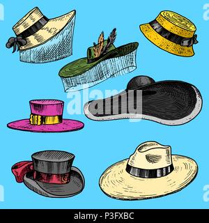 Summer Hats collection for elegant woman, female and ladies. Retro fashion vintage set. Breton Panama, Broad-brim, Slouch Cloche, Poke bonnet. Hand drawn engraved vintage sketch. Stock Vector