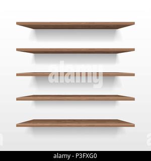 Empty wooden shop or exhibition shelf, retail shelves mockup isolated. Realistic wooden bookshelf with shadow on wall, 3d Bookshelf store or shop vector illustration Stock Vector