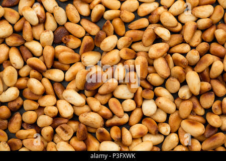 Pine nuts from a supermarket that have been toasted in a frying pan before being served as a topping for mackerel fillets cooked in a harissa sauce. L Stock Photo
