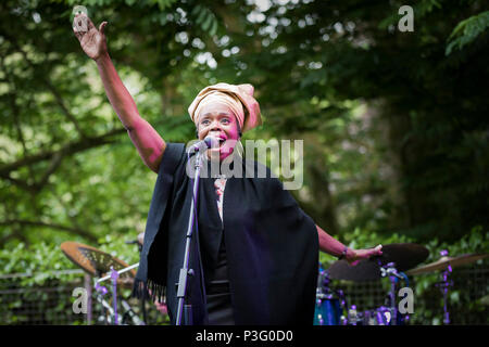 Ley Adewole lead singer with the The Grace Notes performing at Trebah Garden amphitheatre in Cornwall. Stock Photo