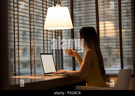 Businesswoman having coffee while working on laptop Stock Photo