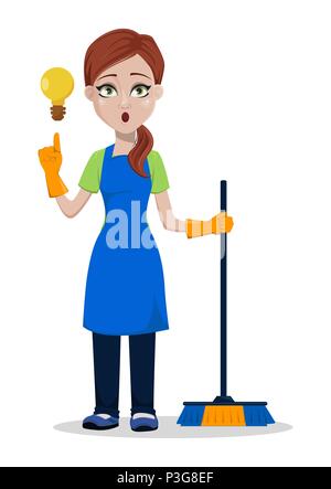 Cleaning company staff in uniform. Woman cartoon character cleaner with a good idea. Vector illustration on white background Stock Vector