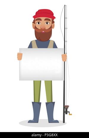 Fisher cartoon character. Fishermen holding blank placard and standing near fishing rod. Vector illustration on white background Stock Vector