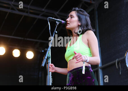 Norway, Oslo - June 16, 2018. The Norwegian eletropop trio Sassy 009 performs a live concert during the Norwegian music festival Piknik i Parken 2018 in Oslo. (Photo credit: Gonzales Photo - Stian S. Moller). Stock Photo