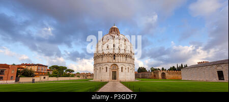 Panoramic view of Piazza dei Miracoli (Square of Miracles) or Piazza del Duomo (Cathedral Square) with Pisa Baptistery in the morning light, Pisa, Tus Stock Photo