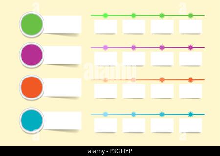 Set of four colorful circle infographic labels with rectangles ready for your text. Colorful timelines with white paper rectangles are ready for your  Stock Vector