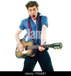 Charlie Waller lead singer of The Rumble Strips band, photographed against a white studio background, Old Street, London, England, United Kingdom. Stock Photo