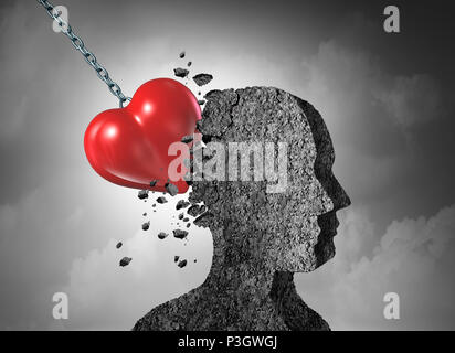 Love pain as a broken hearted psychology of relationship concept with 3D illustration. Stock Photo