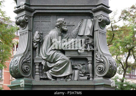 The Luther monument of 1896 by Adolf von Donndorf in Eiseafter in Thueringen depicts Luther's life in Eiseafter and at the Wartburg, here Martin Luther, who translated the New Testament from December 1521 to February 1522 in his study on the Wartburg, recorded on 2.09 .2014. Photo: Rainer Oettel | usage worldwide Stock Photo