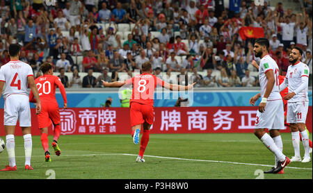Volgograd, Russia. 18th June, 2018. England's Jordan Henderson (C) celebrates teammate Harry Kane's goal during a group G match between Tunisia and England at the 2018 FIFA World Cup in Volgograd, Russia, June 18, 2018. Credit: Chen Cheng/Xinhua/Alamy Live News Stock Photo
