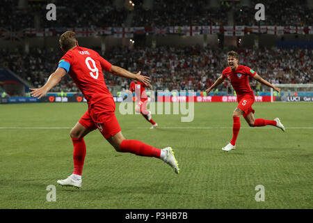 Harry Kane of England celebrates with John Stones of England after scoring his side's first goal to make the score 1-0 during the 2018 FIFA World Cup Group G match between Tunisia and England at Volgograd Arena on June 18th 2018 in Volgograd, Russia. (Photo by Daniel Chesterton/phcimages.com) Stock Photo