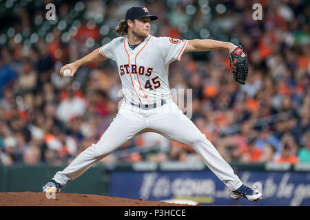 Houston, TX, USA. 18th June, 2018. Houston Astros starting pitcher Gerrit Cole (45) pitches during a Major League Baseball game between the Houston Astros and the Tampa Bay Rays at Minute Maid Park in Houston, TX. Trask Smith/CSM/Alamy Live News Stock Photo