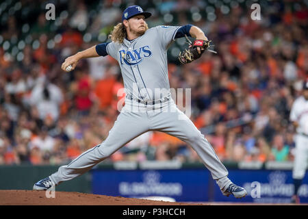 Houston, TX, USA. 18th June, 2018. Tampa Bay Rays starting pitcher Ryne Stanek (55) pitches during a Major League Baseball game between the Houston Astros and the Tampa Bay Rays at Minute Maid Park in Houston, TX. Trask Smith/CSM/Alamy Live News Stock Photo
