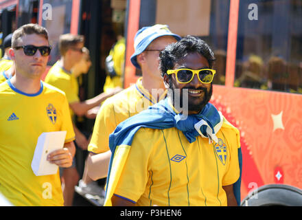 Nizhny Novgorod, Russia. 18th June, 2018. Swedish fans watching the Sweden vs South Korea game in the fan zone. The FIFA World Cup 2018 is the 21st FIFA World Cup which starts on 14 June and ends on 15 July 2018 in Russia. Credit: SOPA Images Limited/Alamy Live News Stock Photo