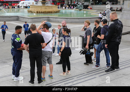 Trafalgar Square. London, UK. 19th June, 2018. Russell Wilson American football quarterback filming in Trafalgar Square for the NFL. Credit: Dinendra Haria/Alamy Live News Stock Photo