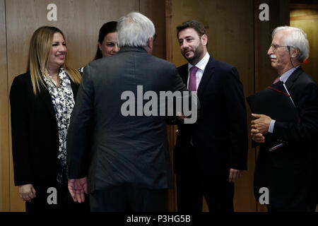 Brussels, Belgium. 19 Jun. 2018. Fofi Gennimata , President of the Movement for Change (KINAL) party and Member of the Greek Parliament, is welcomed by European Commission President Jean-Claude Juncker prior to a meeting. Alexandros Michailidis/Alamy Live News Stock Photo