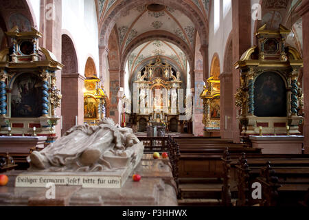 Germany, inside the basilica of Steinfeld Abbey in Kall in the Eifel region, nave with the sarcophagus of the saint Hermann Joseph.  Deutschland, in d Stock Photo