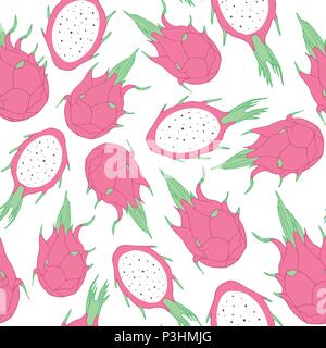 Vector tropical seamless pattern with dragon fruit on the white background. Hand drawn exotic pitahaya. Stock Vector