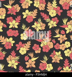 Vector tropical repeat pattern with orchid, hibiscus and bird of paradise flowers on the black background. Backdrop exotic floral design. Stock Vector