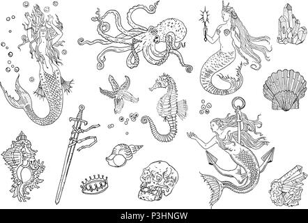Vintage fantasy nautical set: long haired mermaid, underwater treasures, octopus, shell, starfish, anchor, drowned sword, crown, skull, crystal, sea horse. Hand drawn tattoo style vector illustration. Stock Vector