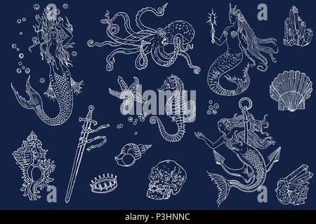 Vintage fantasy nautical set long haired mermaid, underwater treasures, octopus, shell, starfish, anchor, drowned sword, crown, skull, crystal, sea horse. Hand drawn vector illustration white on blue. Stock Vector