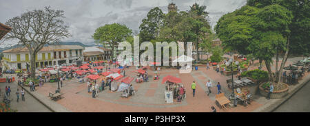 Panorama of the main square, Parque Reyes in Jericó, Antioquia, Colombia Stock Photo