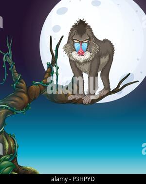 A Baboon on the Tree Night Scene illustration Stock Vector