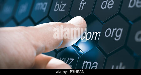 Man selecting a domain extention by pressing an hexagonal button. Composite image between a hand photography and a 3D background.