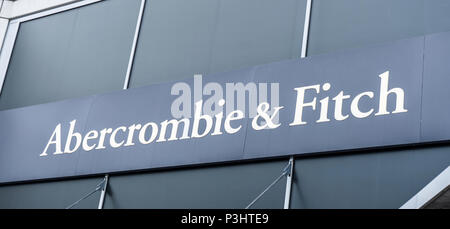 The facade of Abercrombie and Fitch shop in the design outlet in Wolfsburg, Germany, June 15, 2018 with the company logo Stock Photo