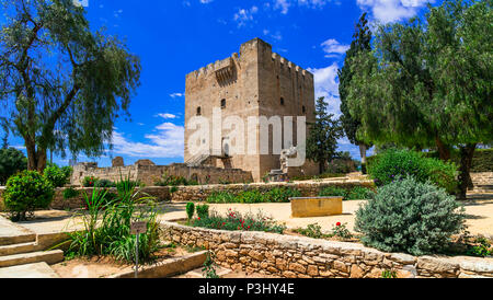 Impressive medieval Kolossi castle,view with gardens,Cyprus island. Stock Photo