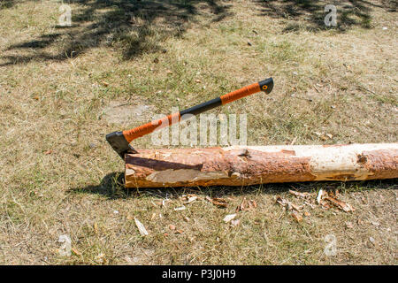 Ax in a log on a picnic, in the woods Stock Photo
