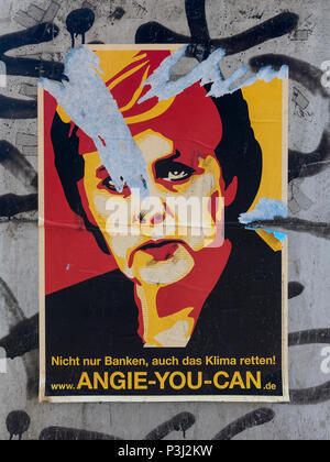 Berlin. Germany. Graphic arts poster portrait of German Chancellor Angela Merkel with the slogan 'Angie You Can'. Stock Photo