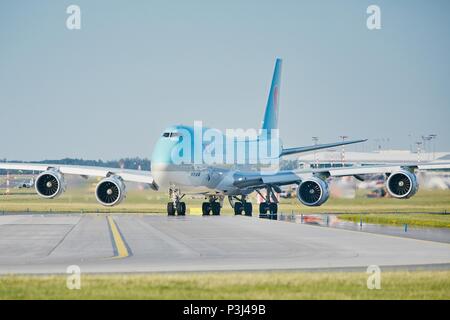 Prague, Czech Republic - June 16, 2018: Boeing 747-8i of Korean Air is taxiing to runway at Vaclav Havel Prague Airport on June 16, 2018. Stock Photo